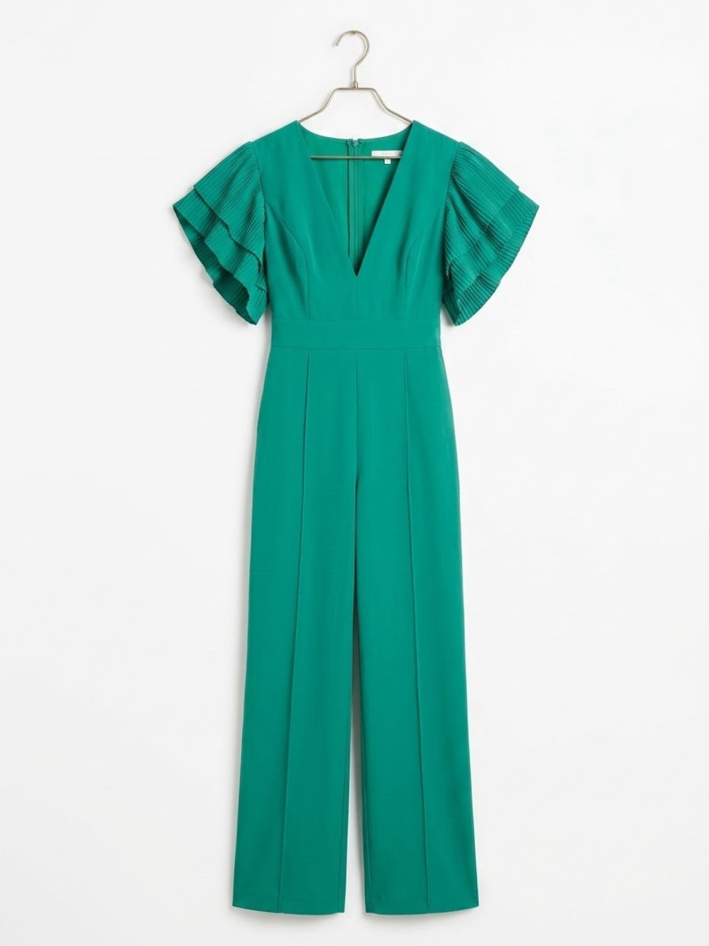 CHICWAYS / Green V-Neck Wide-Leg Jumpsuit with Pleated Flutter Sleeves/ NWOT